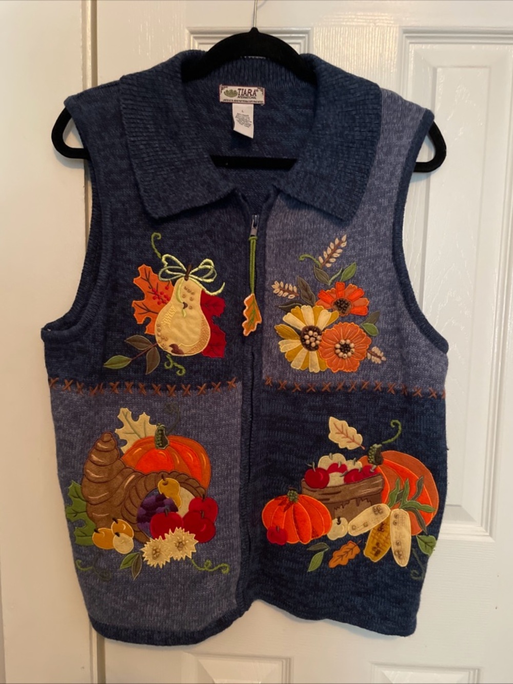Tiara Embroidered Fall Harvest Vest - Navy